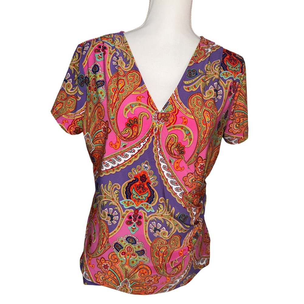 Lauren Ralph Lauren Pink Purple Paisley Faux Wrap V-Neck Short Sleeve Top Large